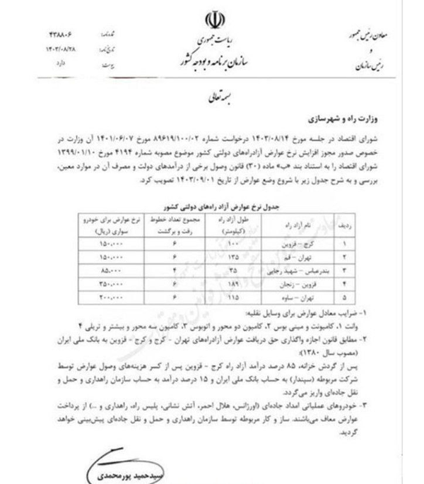 نرخ جدید عوارض آزادراهی اعلام شد