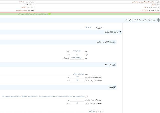 اعلام جزئیات تغییرات سهام عمده باشگاه استقلال