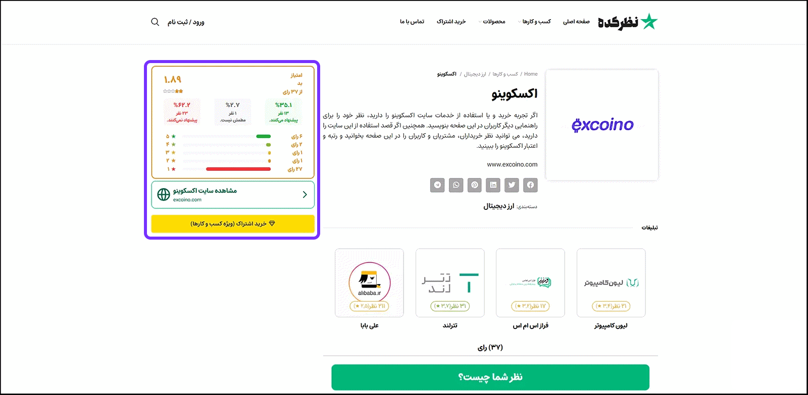 وضعیت نظر کاربران درباره اعتبار اکسکوینو در وبسایت نظرکده