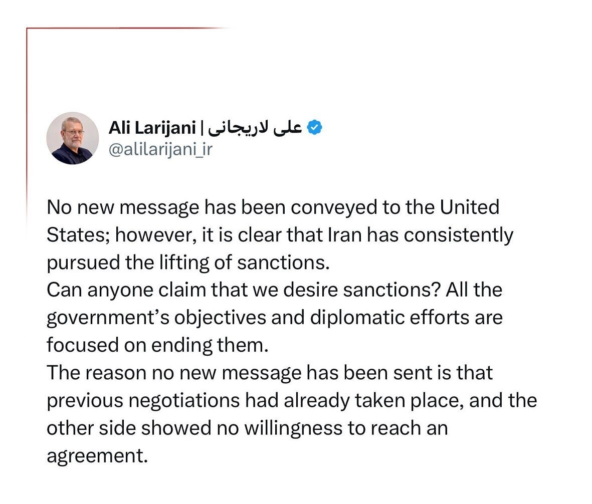 واکنش لاریجانی به ادعای ترامپ درباره پیام ایران به آمریکا