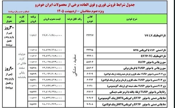 فروش فوری و فوق‌العاده ایران‌خودرو با تحویل ۳۰ و ۹۰ روزه/ جدول ثبت‌نام را ببینید